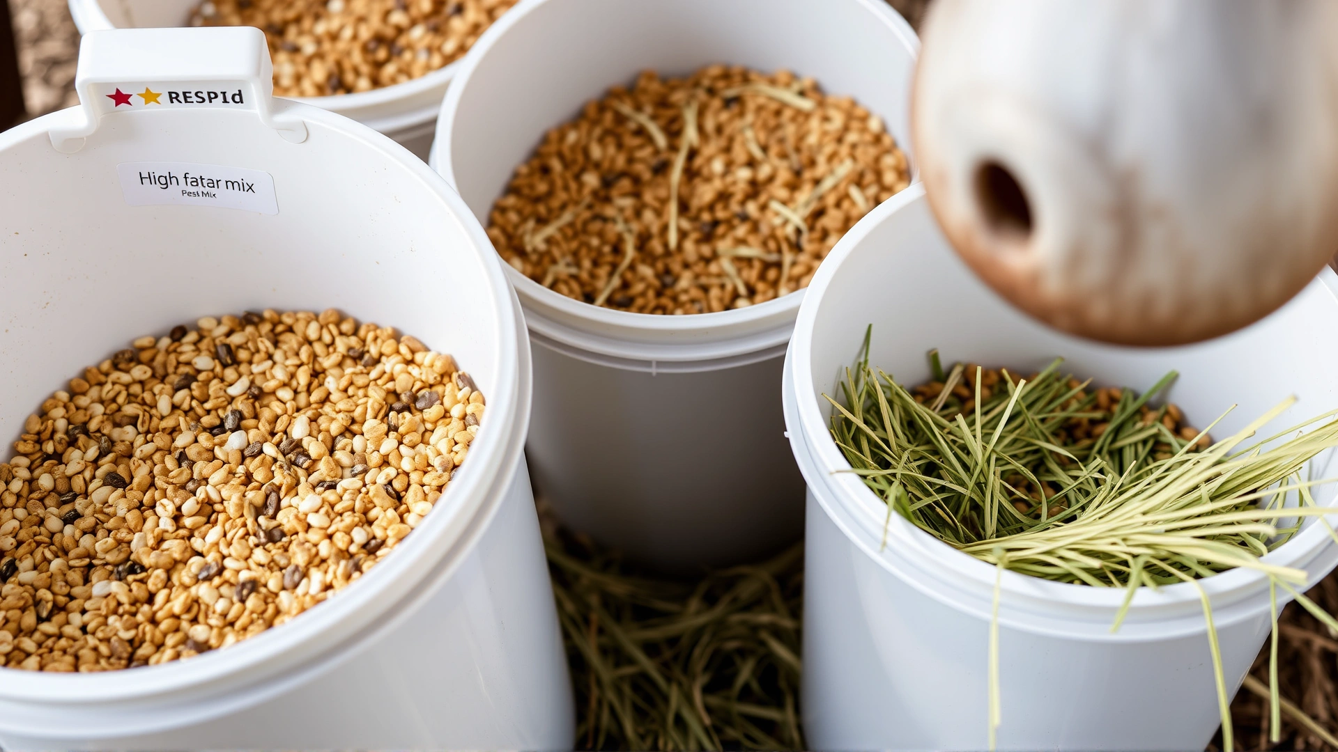 Close-up of feed buckets containing high-fat rice bran mix and fresh hay, representing diet management for horses with muscle conditions.