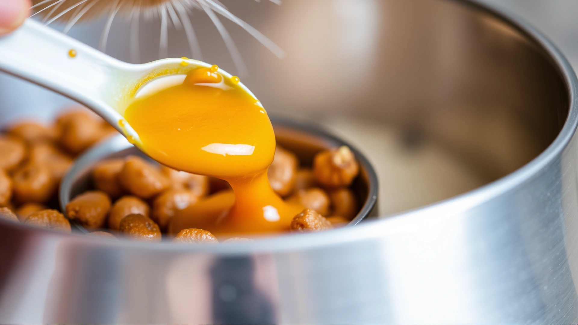 Small teaspoon of pureed pumpkin being added to a cat’s wet food in a stainless-steel bowl, close-up shot.