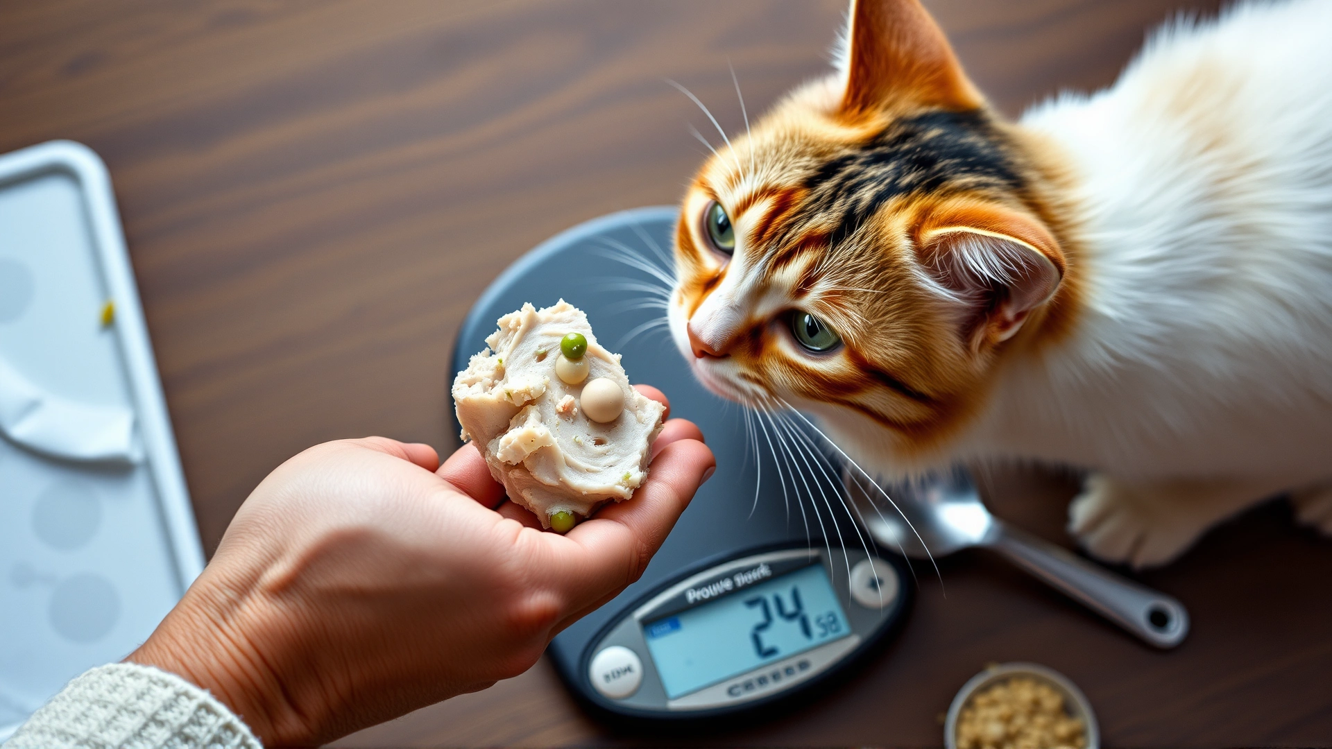 Human hand offering a pea-sized bite of cooked turkey to a cat, with a measuring spoon and digital food scale in the scene to illustrate portion control.