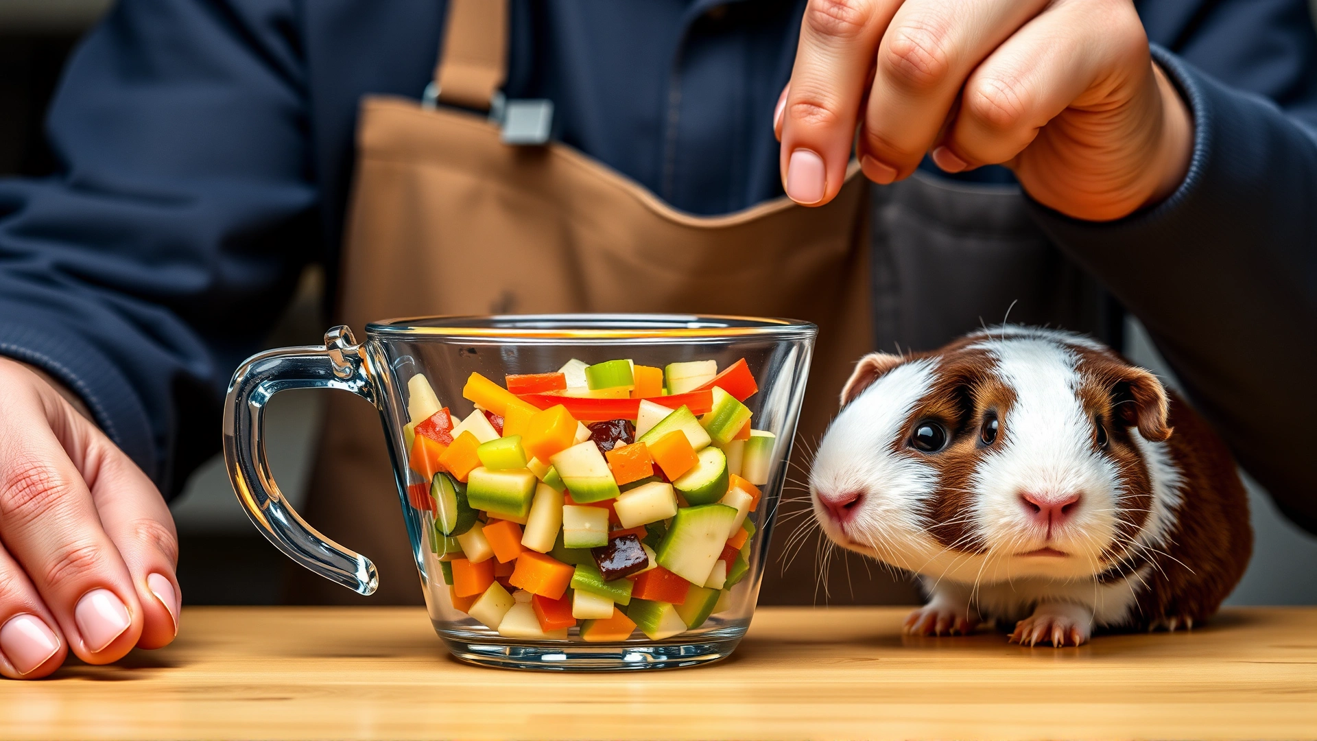 Pet owner measuring one cup of mixed vegetables in a clear measuring cup while a guinea pig waits nearby, illustrating correct portion size.