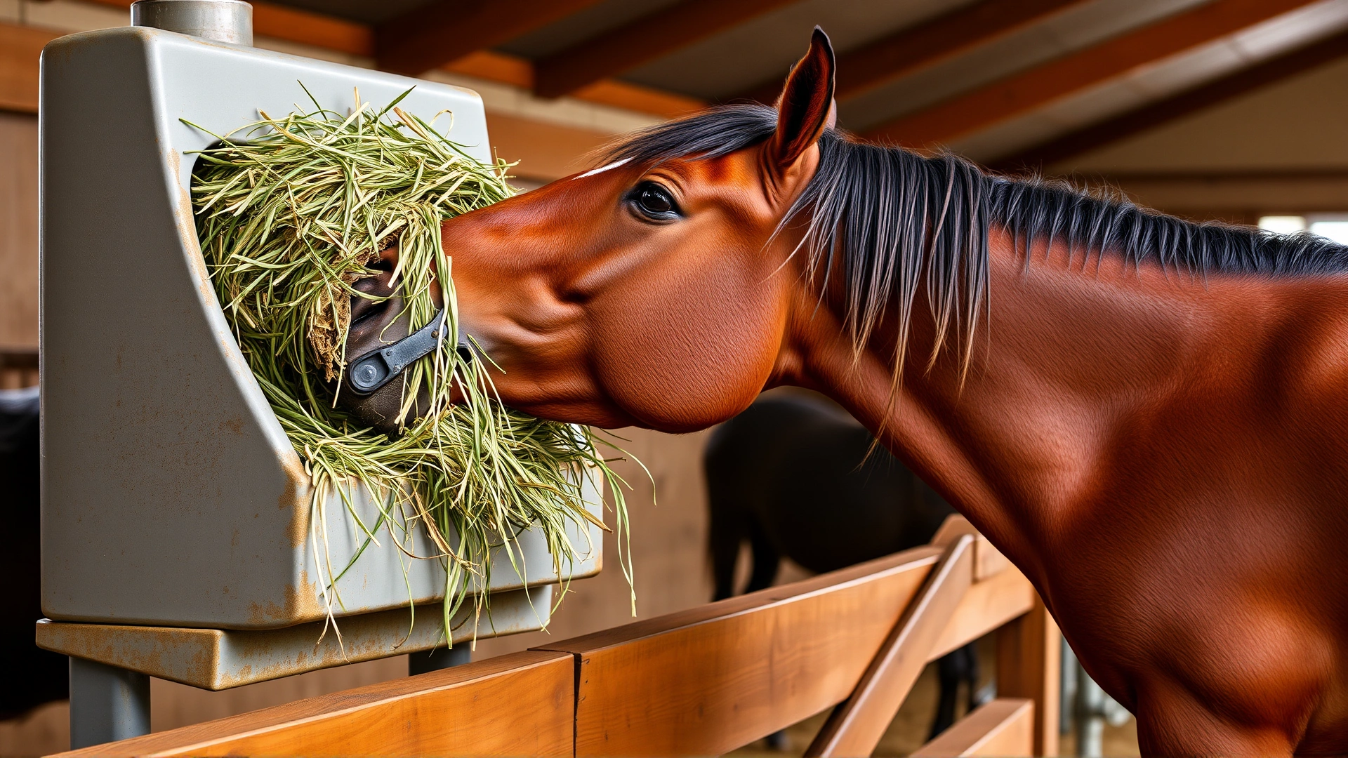 Horse eating fresh hay from a clean elevated feeder inside a stable, representing proper feeding management to prevent diarrhea.