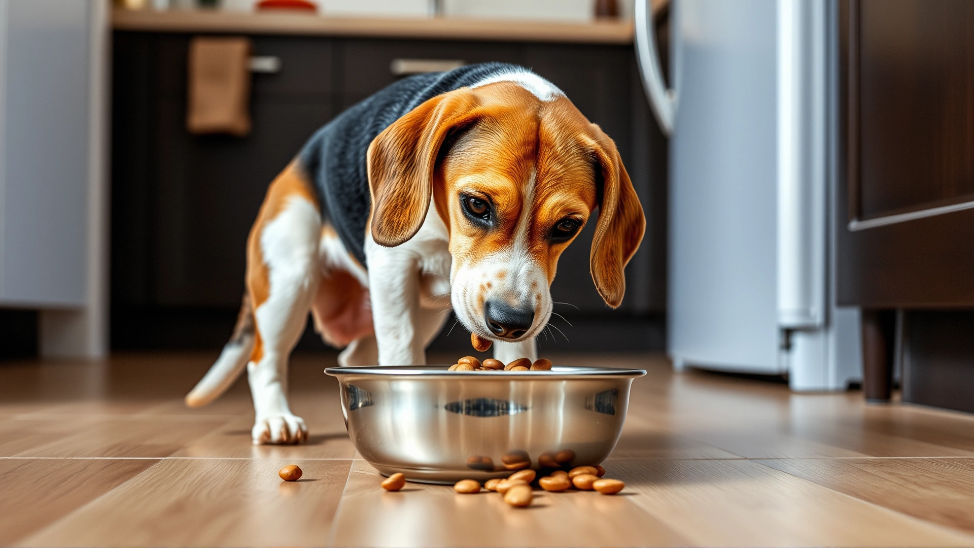 Pregnant beagle eating high-quality kibbles from a stainless steel bowl on a kitchen floor, bright lighting