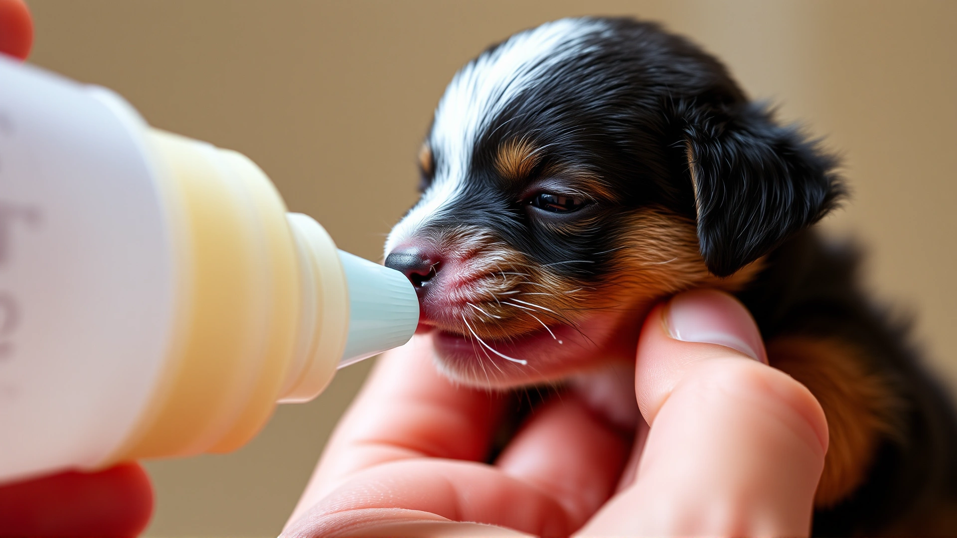 Close-up of a hand gently bottle-feeding a tiny newborn puppy with a specialized puppy feeding bottle; focus on the puppy’s face and the bottle tip