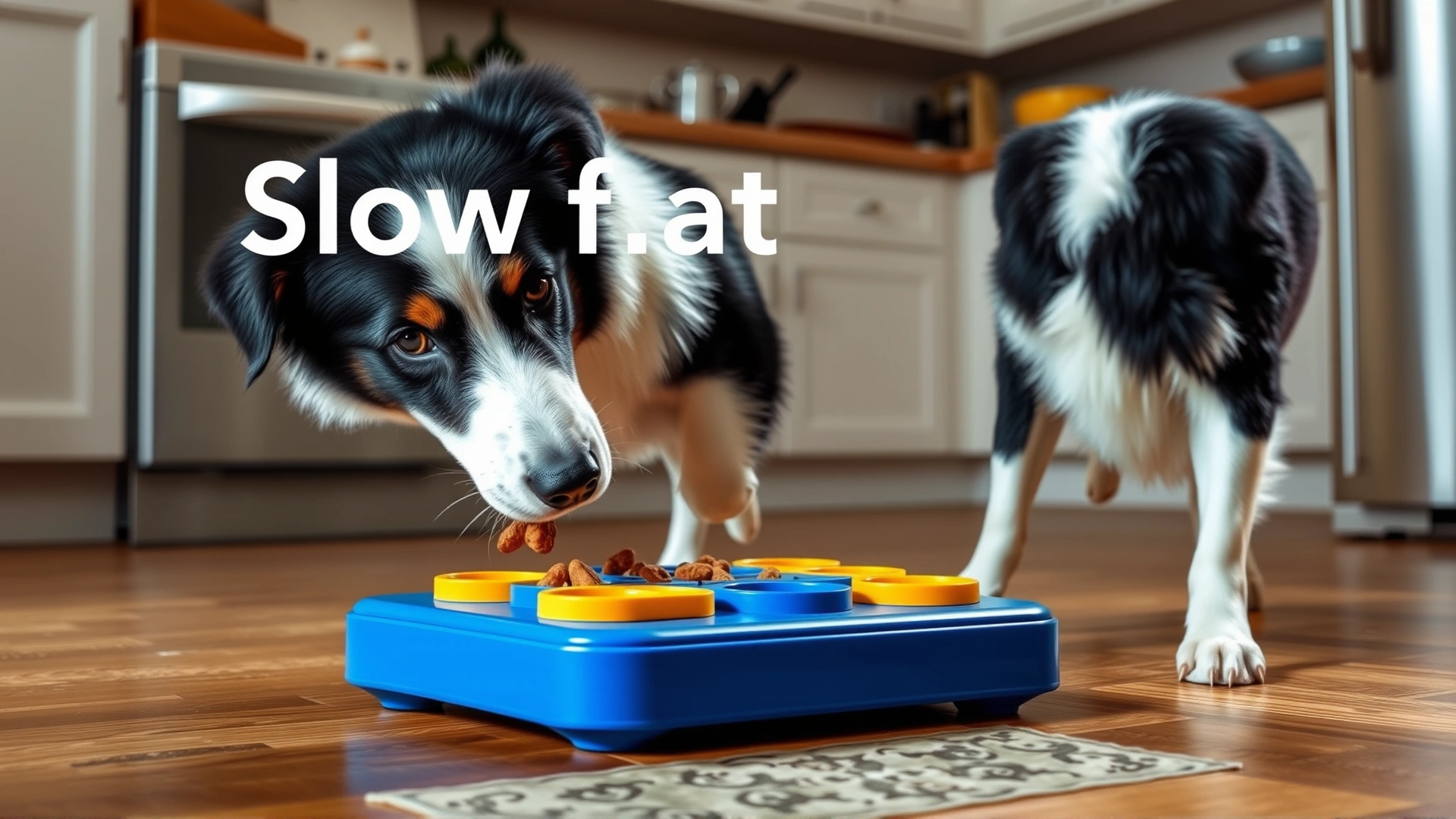 Border Collie using a colorful slow-feeder puzzle on a kitchen floor, showing an interactive way to slow eating.