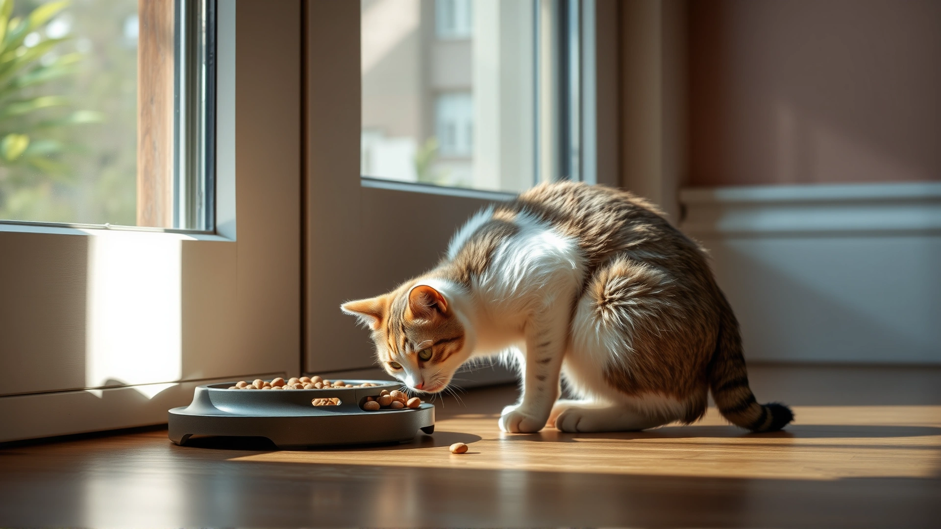A calm indoor scene showing a cat eating from a puzzle feeder on the floor, sunlight streaming through a nearby window.