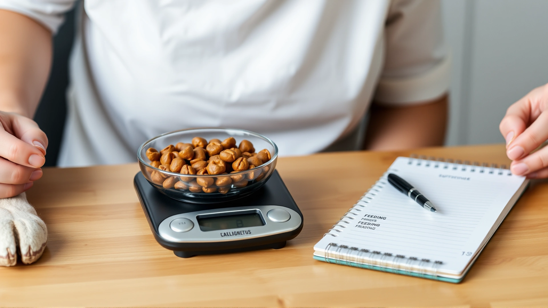 Dog owner using a digital kitchen scale to measure portions of dog food next to a notebook feeding schedule
