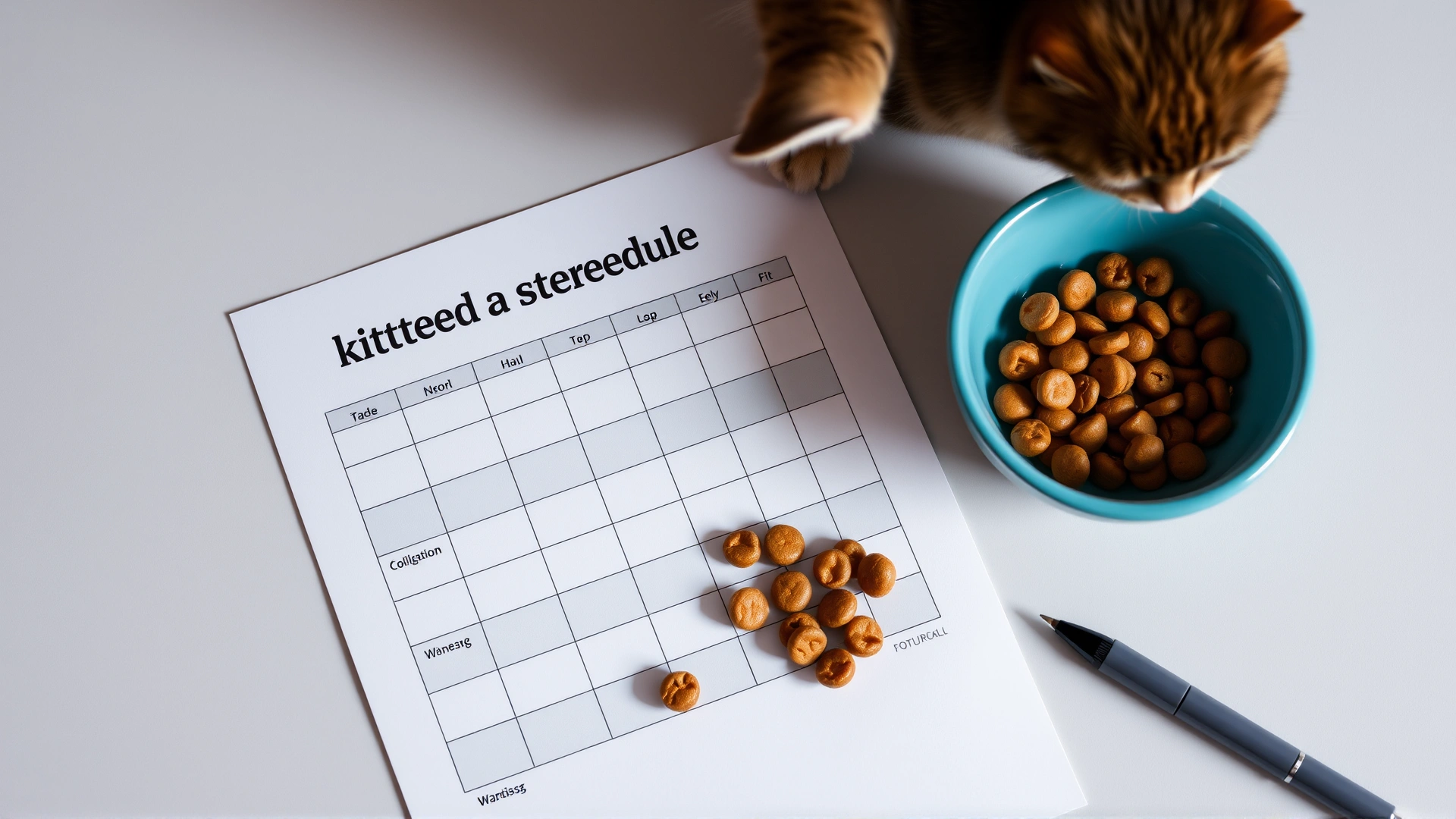 Flat-lay of a printed kitten feeding schedule next to a pen and a bowl of kitten food