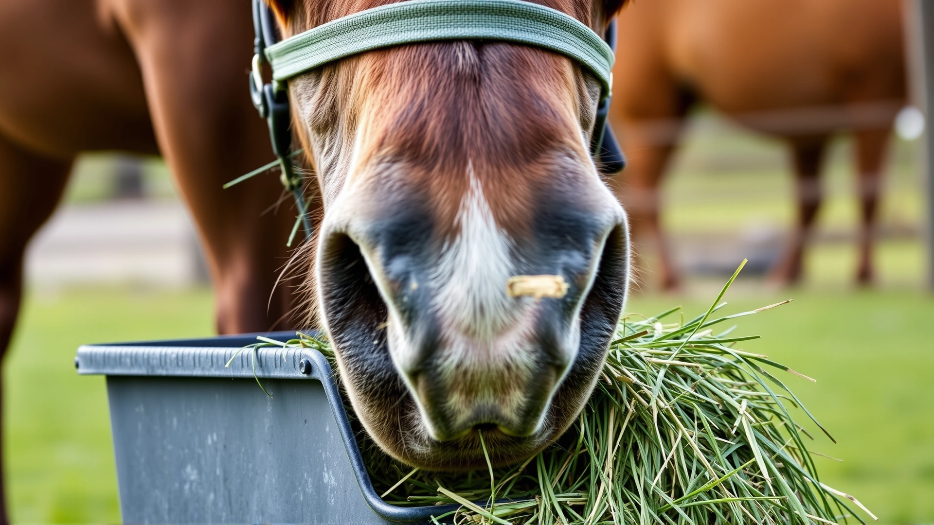 Close-up of a horse eating high-quality hay from a ground feeder, emphasizing proper nutrition.