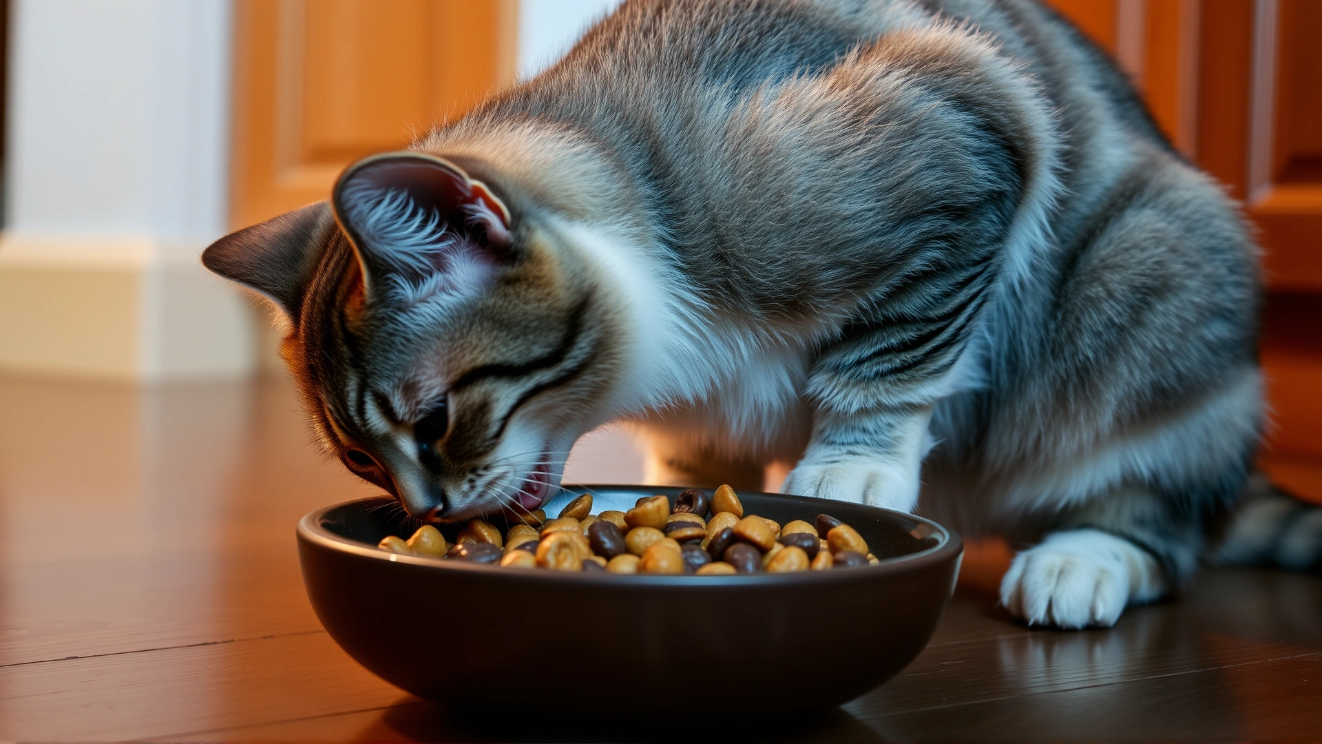 Domestic cat eating a small portion of kibble from a shallow bowl placed on a kitchen floor, warm lighting