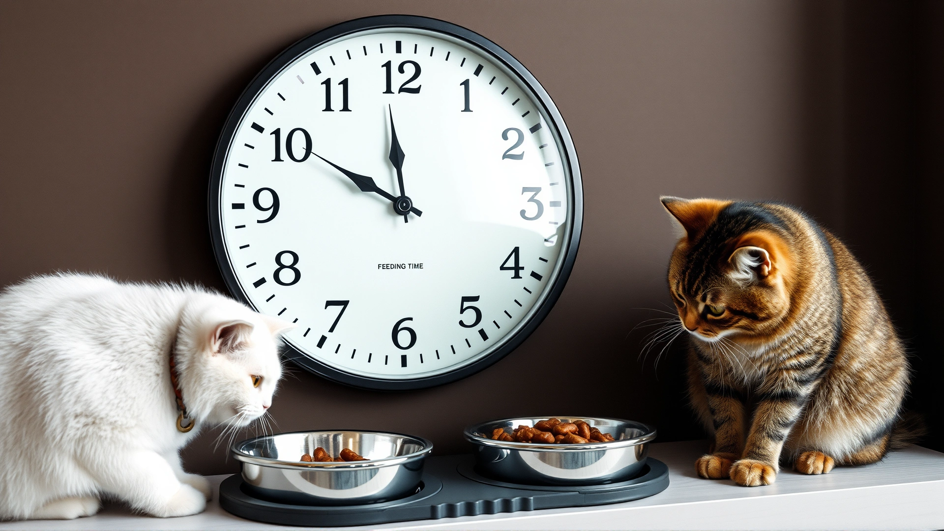 Wall clock showing feeding time next to a tidy cat feeding station with two bowls