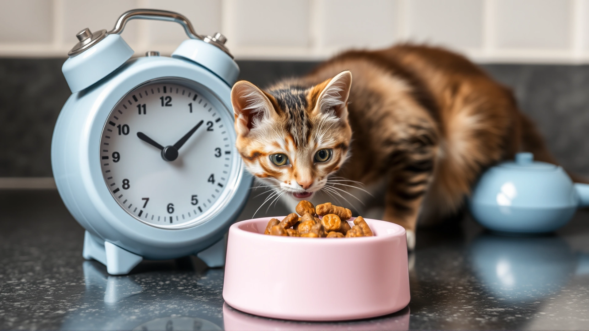 Analog kitchen timer and small cat food dish side by side on a countertop, symbolizing scheduled feeding