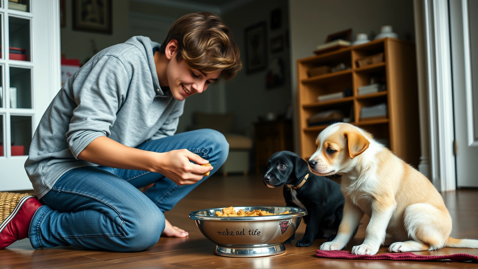 Young dog owner kneeling beside two playful puppies, offering them food at regular feeding time, cozy home interior, candid style photo