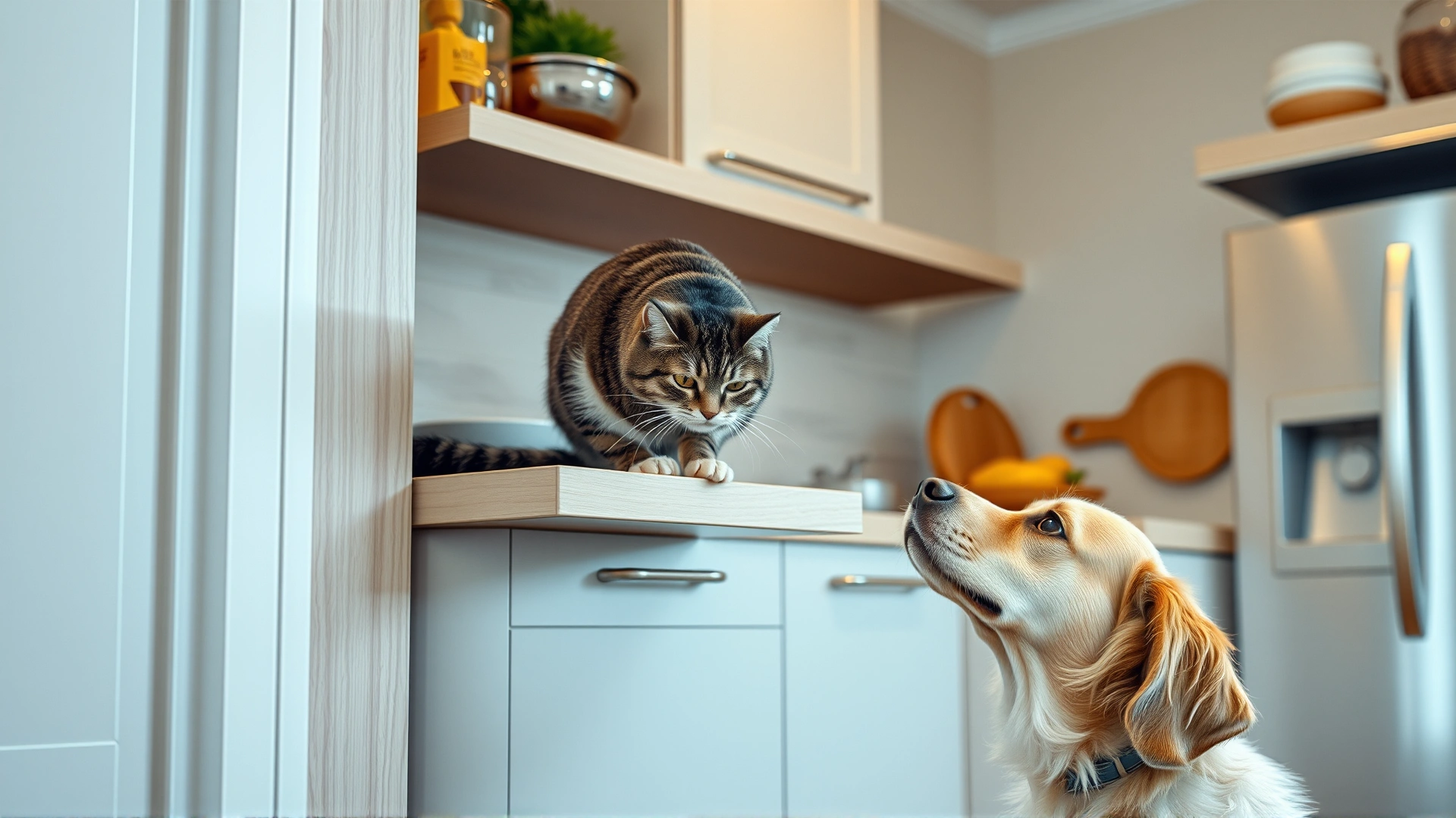 Cat eating from an elevated shelf while a dog looks up from the floor in a modern kitchen environment, natural daylight, no text