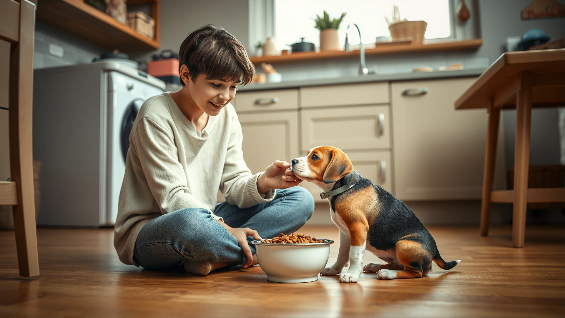 Young owner sitting on the floor gently offering a bowl of puppy food to a small beagle puppy in a cozy kitchen ambiance
