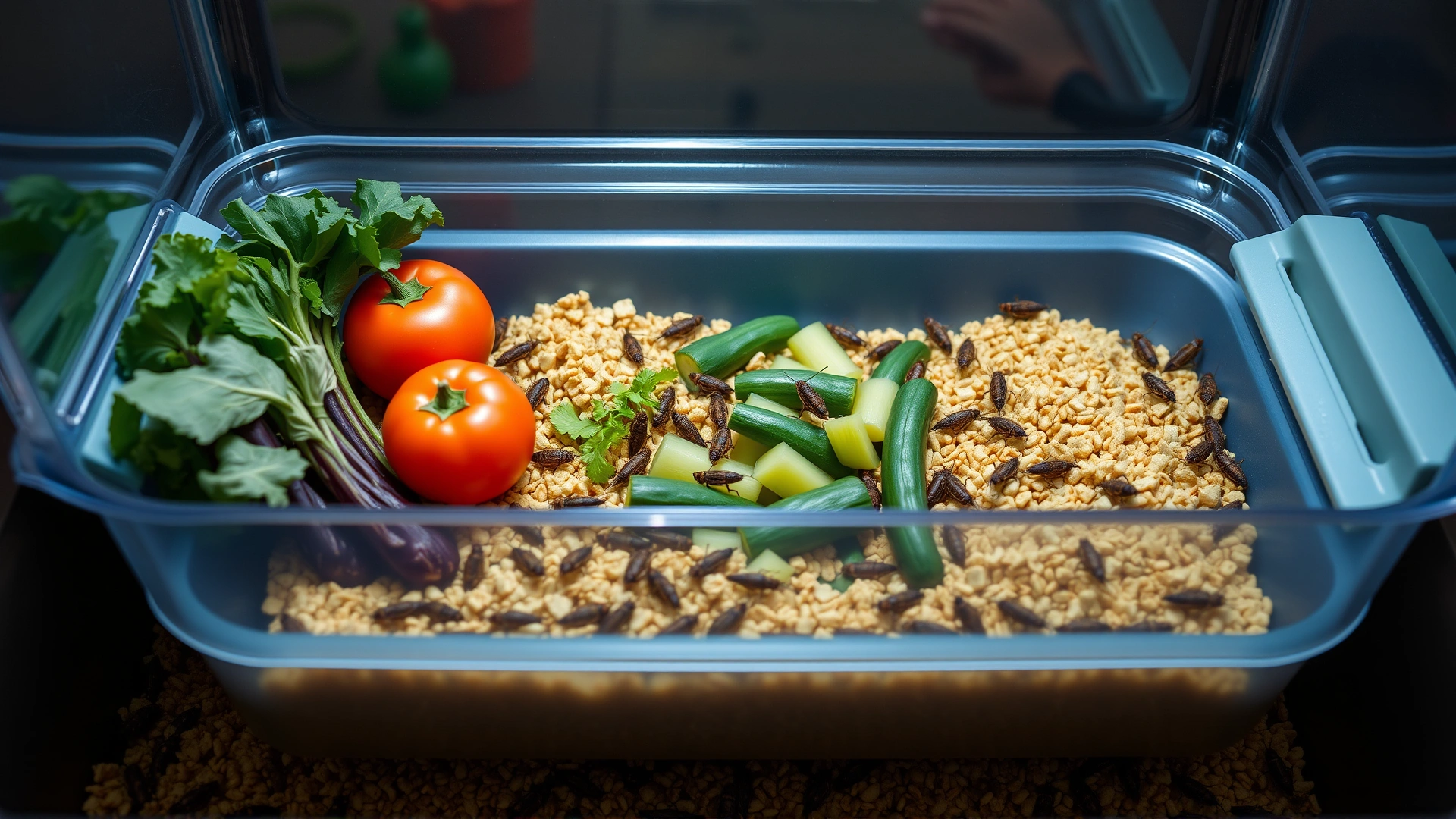 Tray of fresh vegetables and commercial cricket chow inside a cricket bin with crickets actively feeding, high-resolution photo