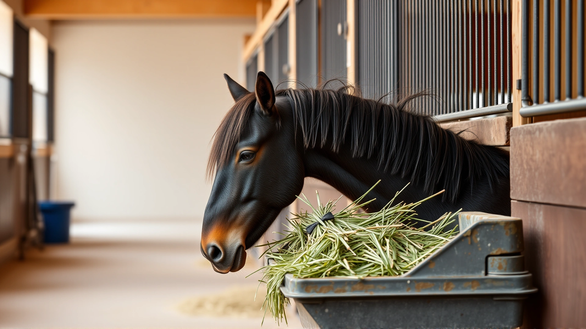 Falabella miniature horse eating high-quality hay from a low, safe feeder in a clean stable aisle