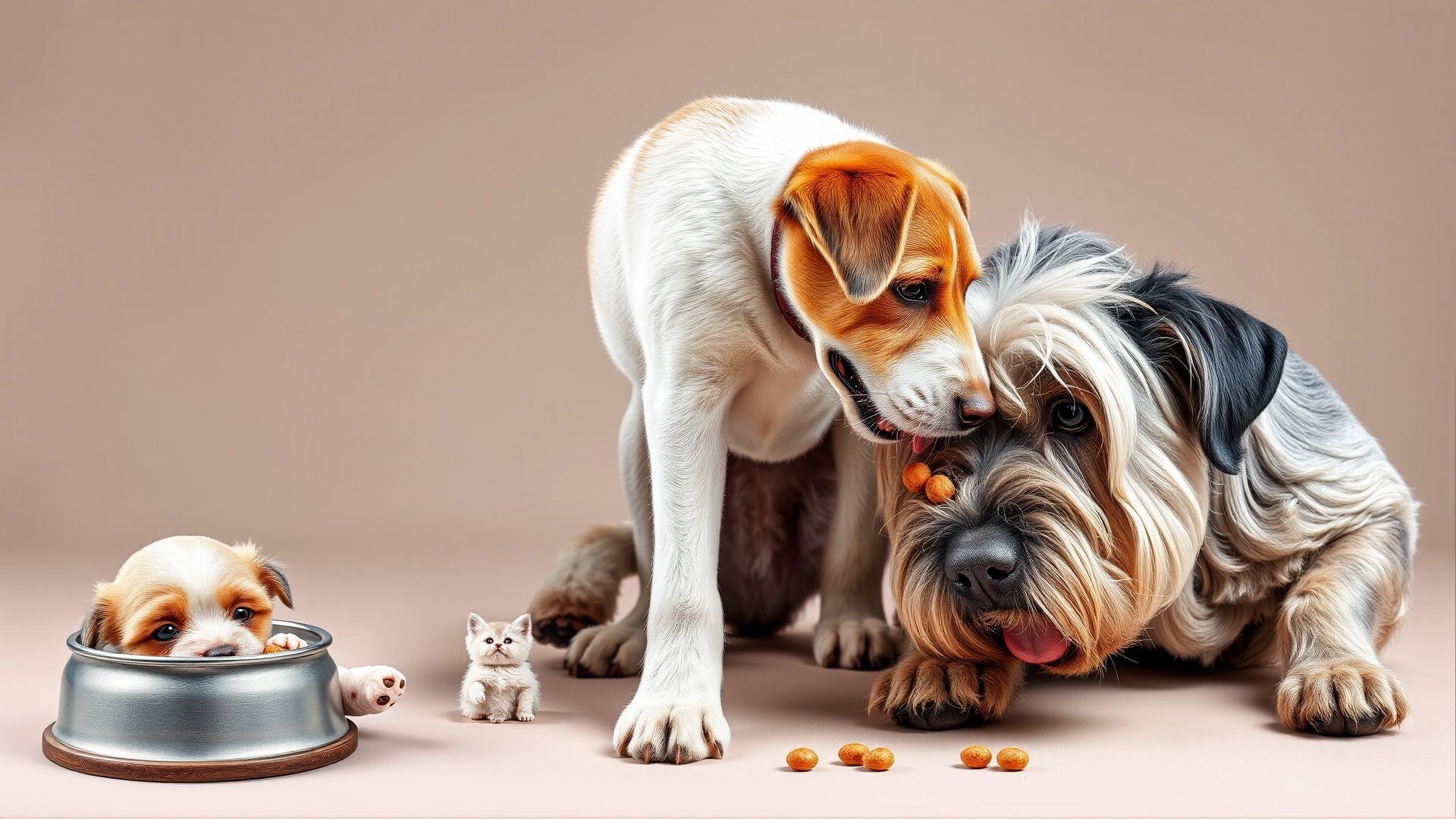Collage-style image: puppy eating from a small bowl, adult dog with a larger bowl, and senior dog being hand-fed moist food, all on neutral background.