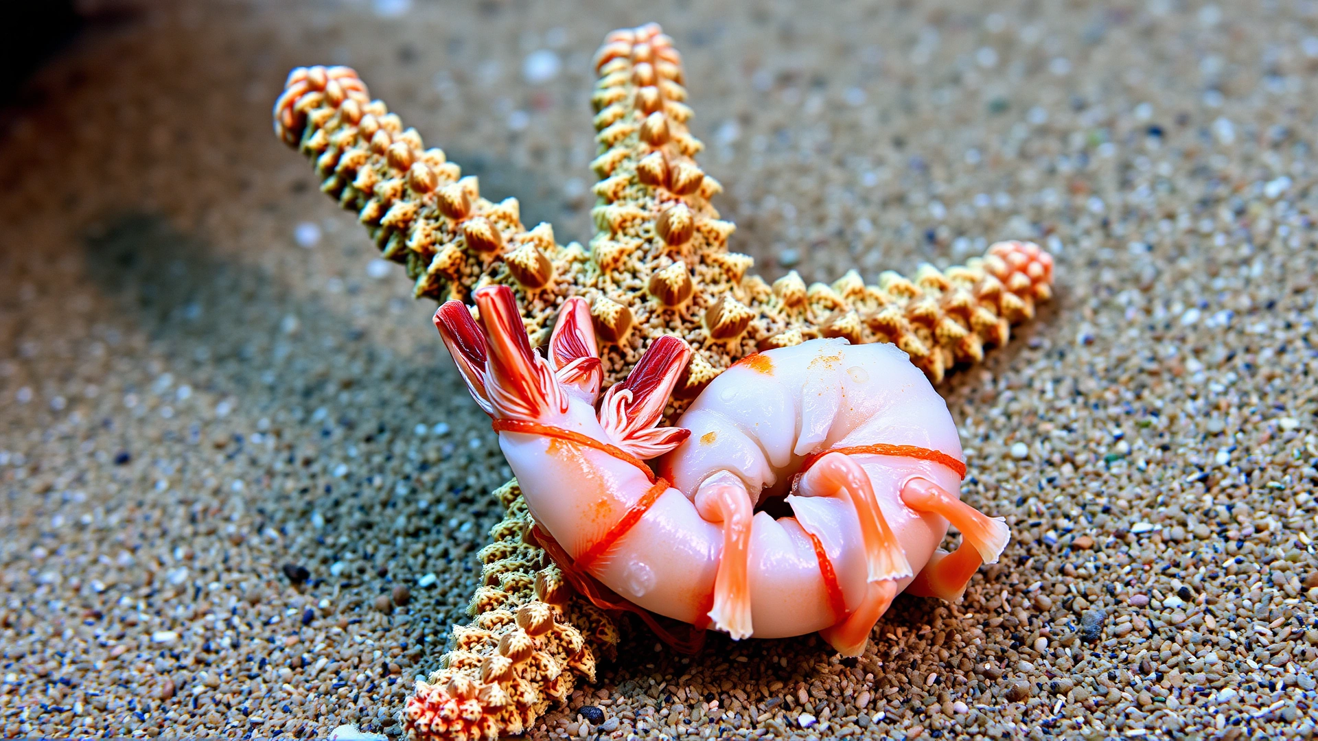 Macro photo of a chocolate chip starfish wrapping its arms around a piece of thawed shrimp on aquarium sand, capturing detail of tube feet gripping the food