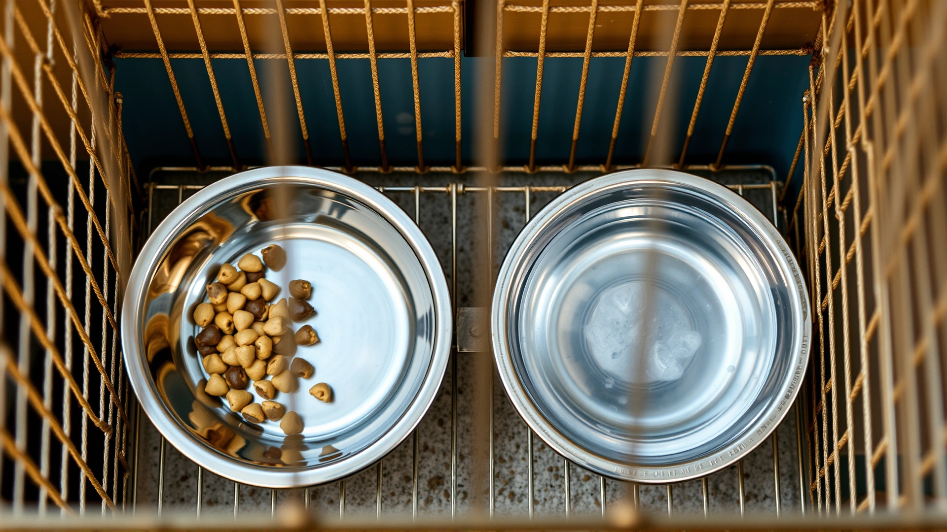 Top-down photo inside a bird cage showing stainless steel food and water bowls, one filled with pellets and the other with clear water.
