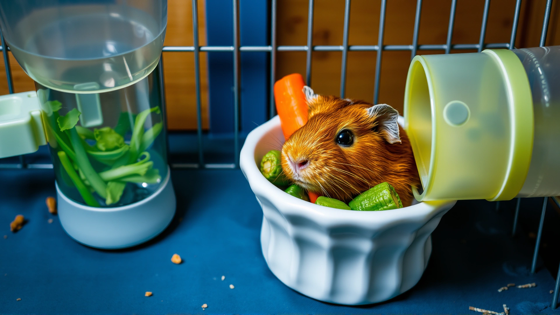 Photo of a ceramic food bowl filled with fresh vegetables next to a water bottle attached to cage bars inside a guinea pig habitat