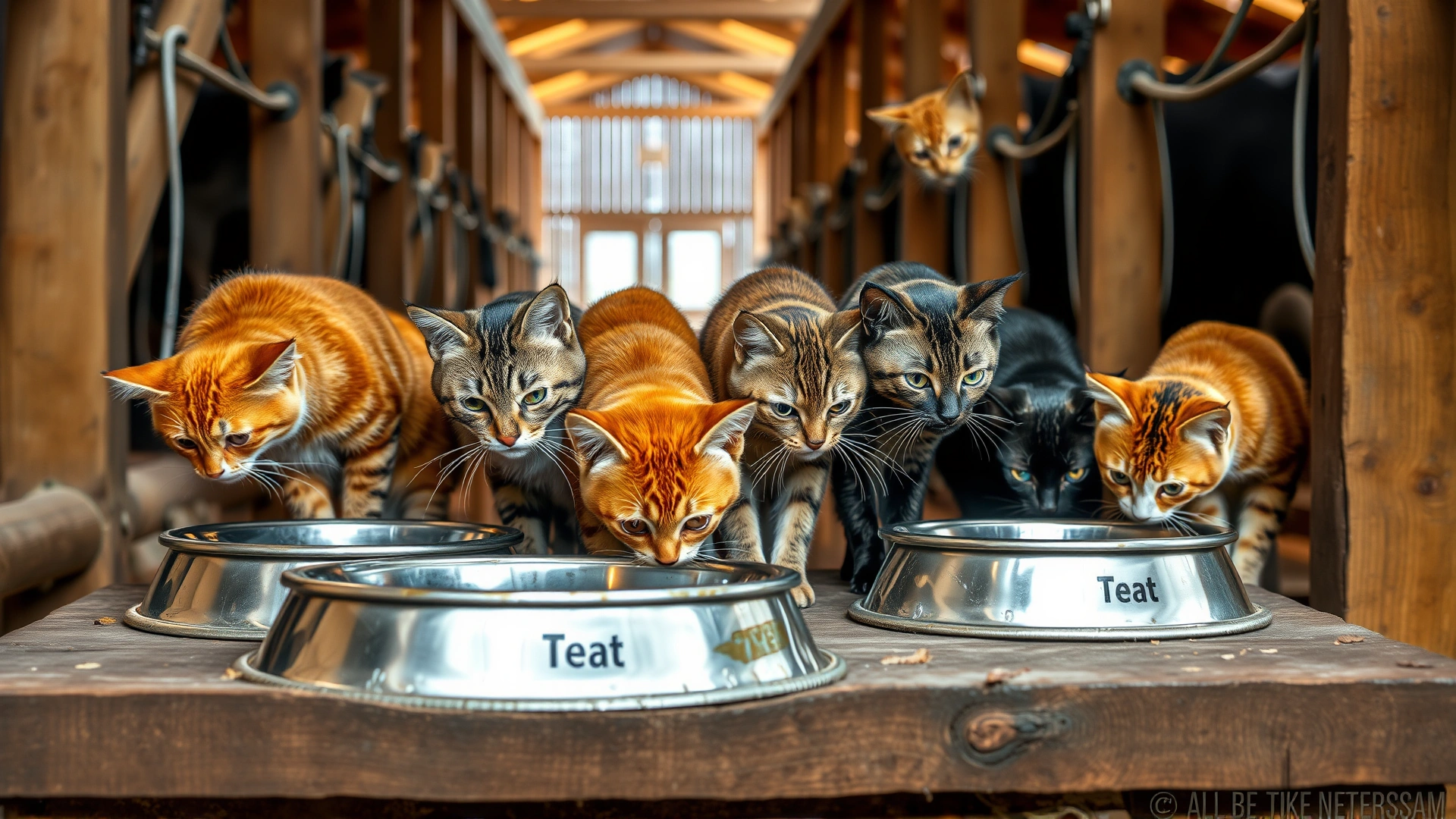 Group of barn cats eating from stainless steel bowls placed on a wooden platform inside a barn aisle
