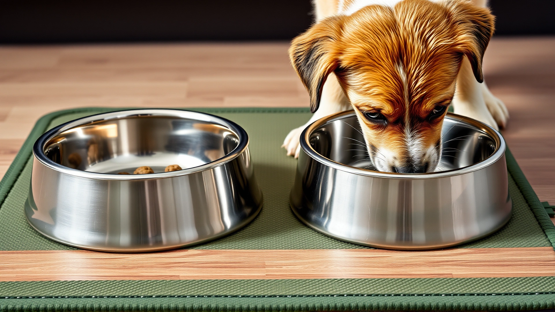 Close-up of stainless steel food and water bowls on a non-slip mat with a puppy eating, demonstrating an ideal feeding station setup.