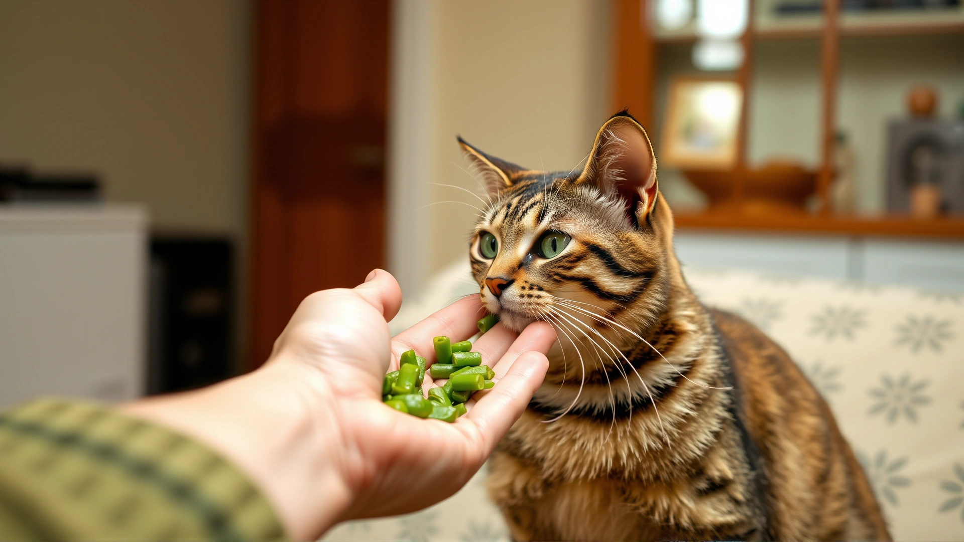 Human hand offering chopped cooked green beans to a sitting tabby cat indoors, warm lighting