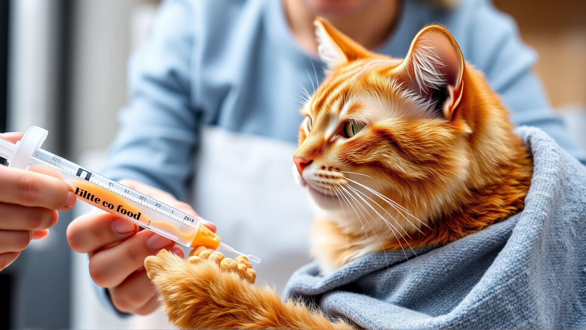Pet owner using a syringe to hand-feed soft food to a ginger cat with supportive towel, kitchen background
