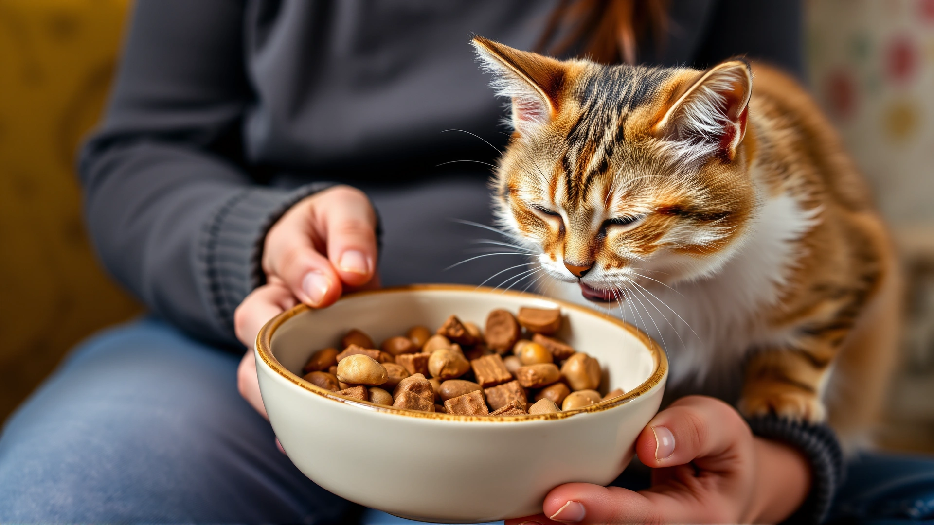 Close shot of a pet owner holding a sturdy ceramic food bowl slightly elevated while a wobbly cat eats comfortably.