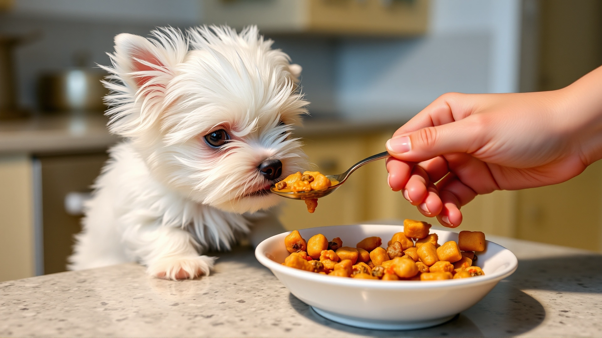 Hand spoon-feeding a small teacup Maltese puppy wet food from a shallow dish on a kitchen counter.