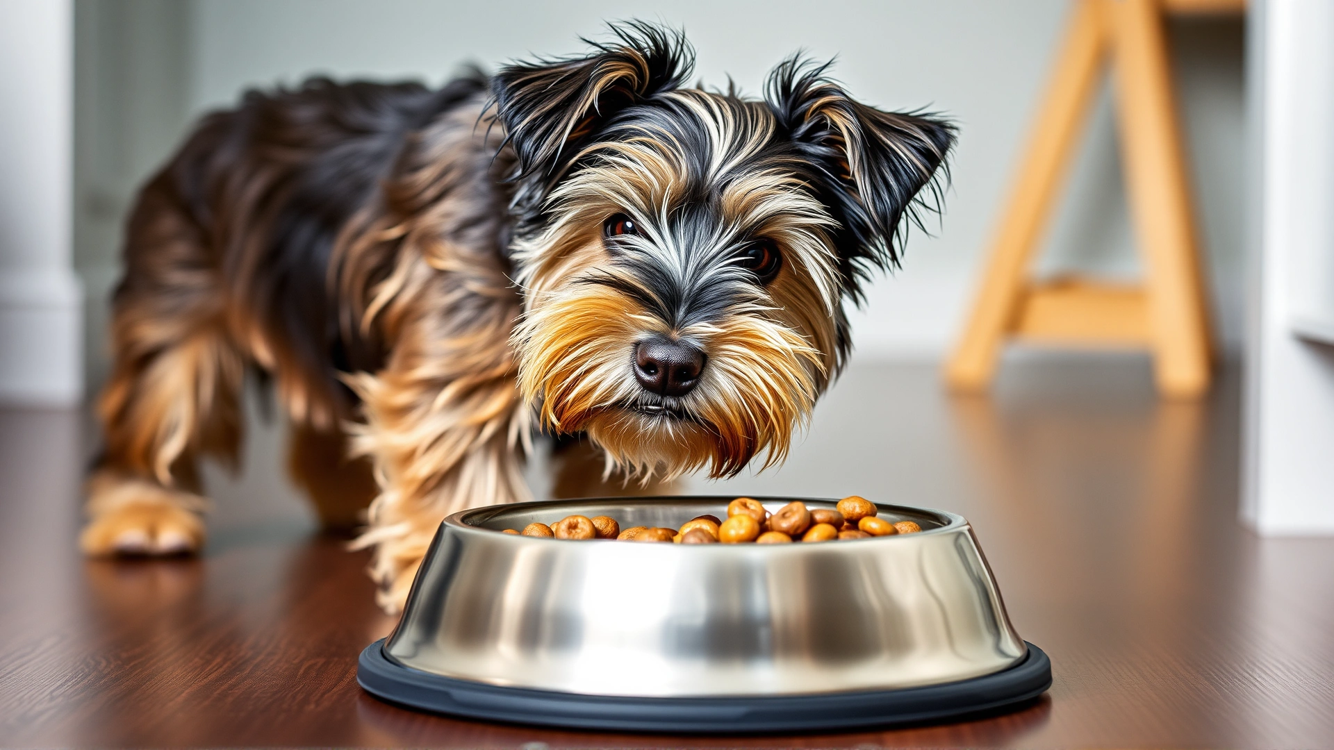 A stainless-steel bowl filled with high-quality small-breed kibble in front of an eager Biewer Terrier.