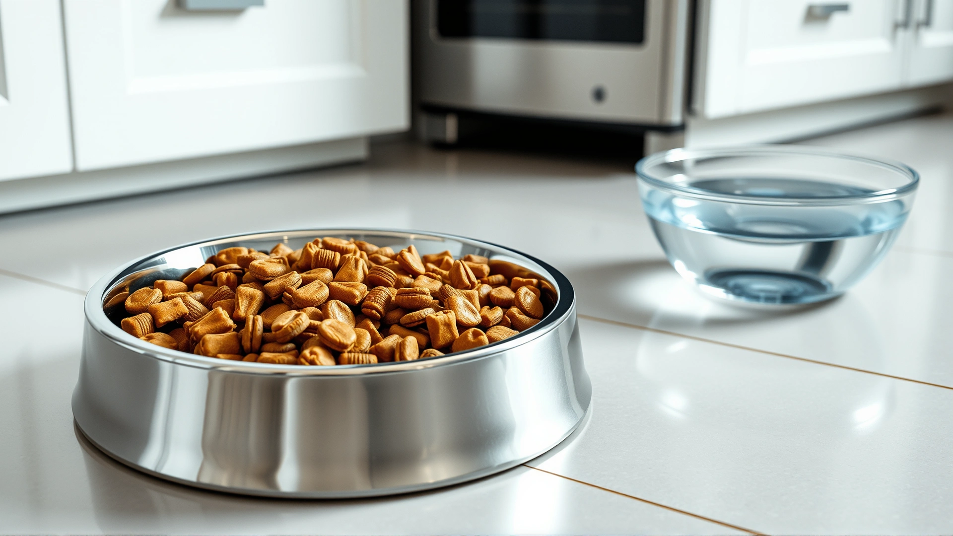 AI-generated image of a stainless steel dog bowl filled with balanced puppy kibble next to a bowl of fresh water on a clean kitchen floor