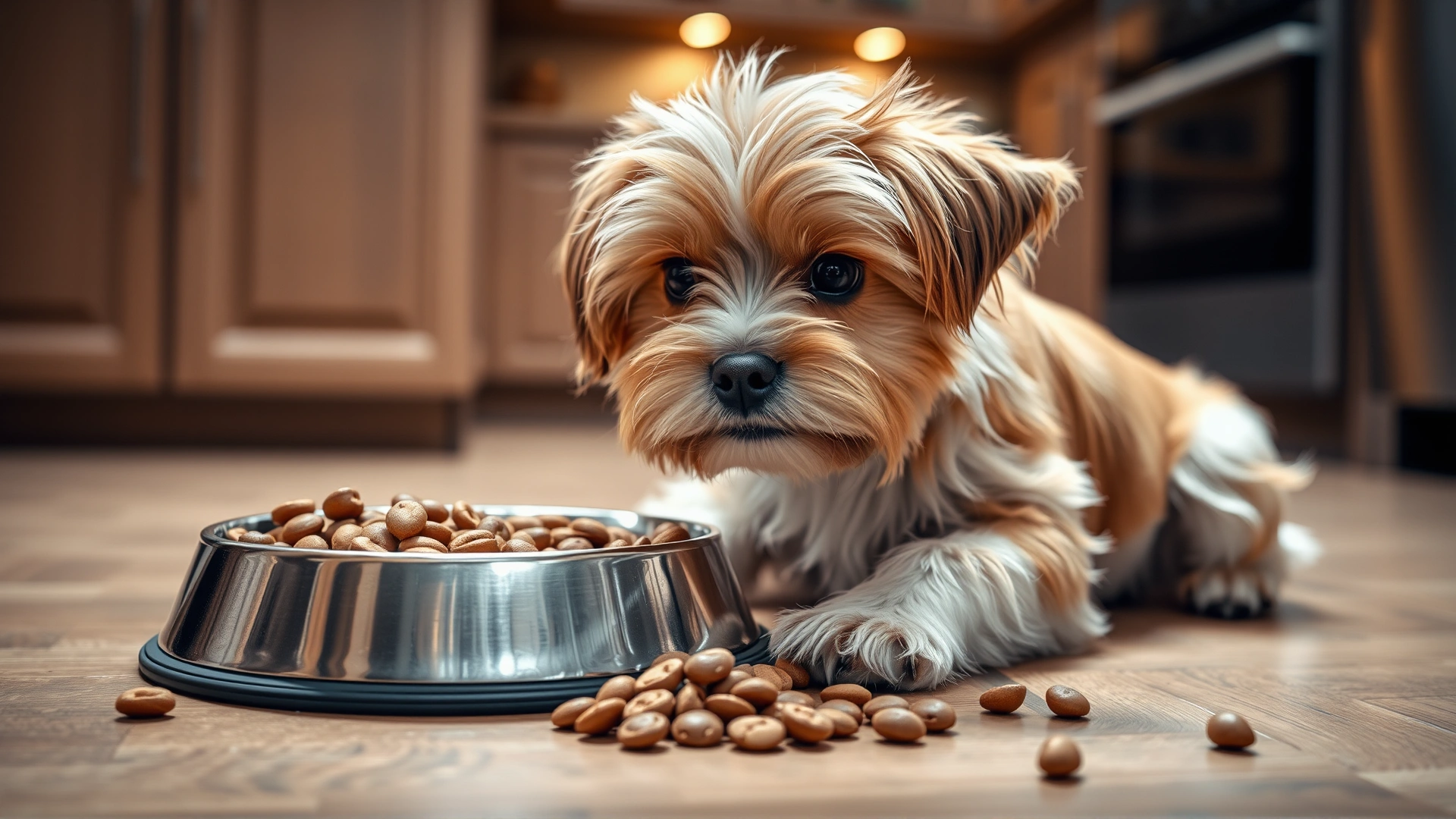 Small dog looking at a stainless-steel bowl filled with high-quality dry kibble on a kitchen floor; warm ambient lighting.