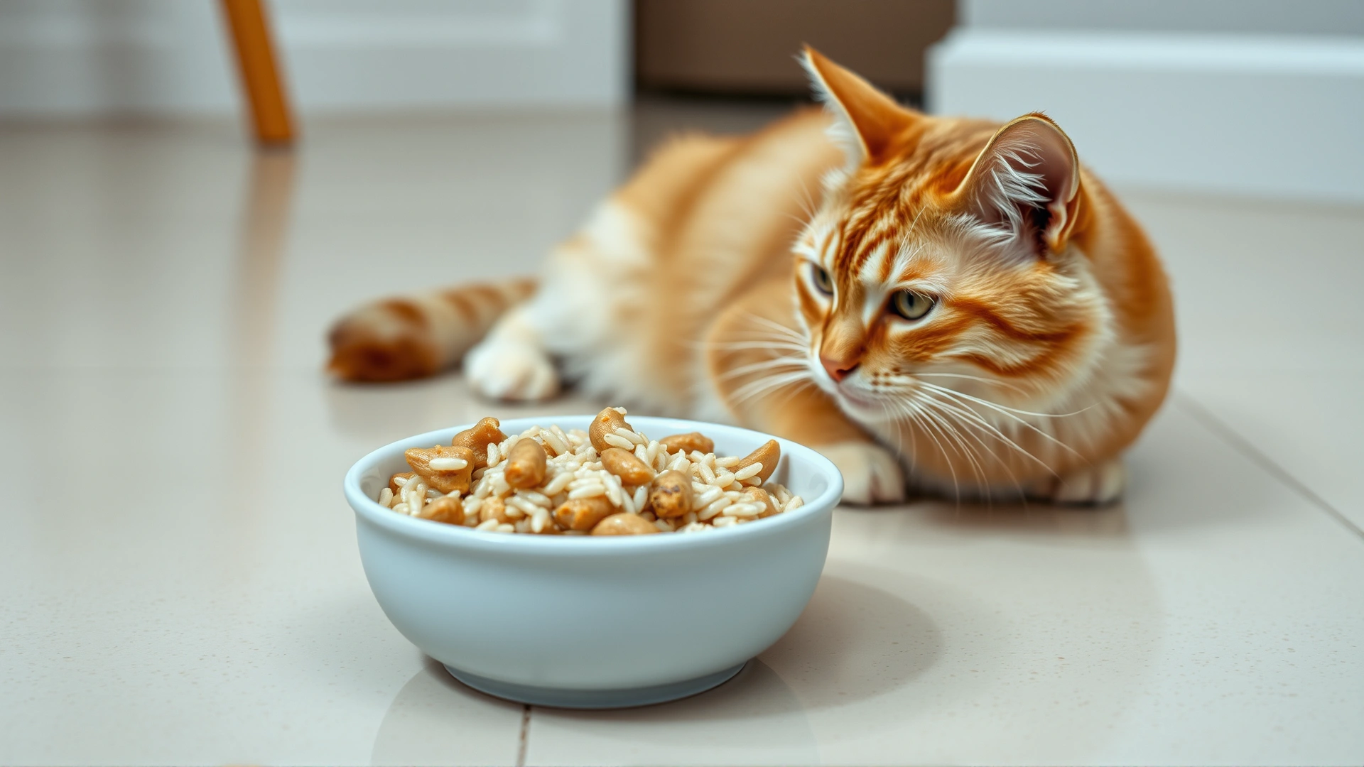Bowl of bland wet chicken-and-rice food placed in front of a convalescent cat on a clean floor.