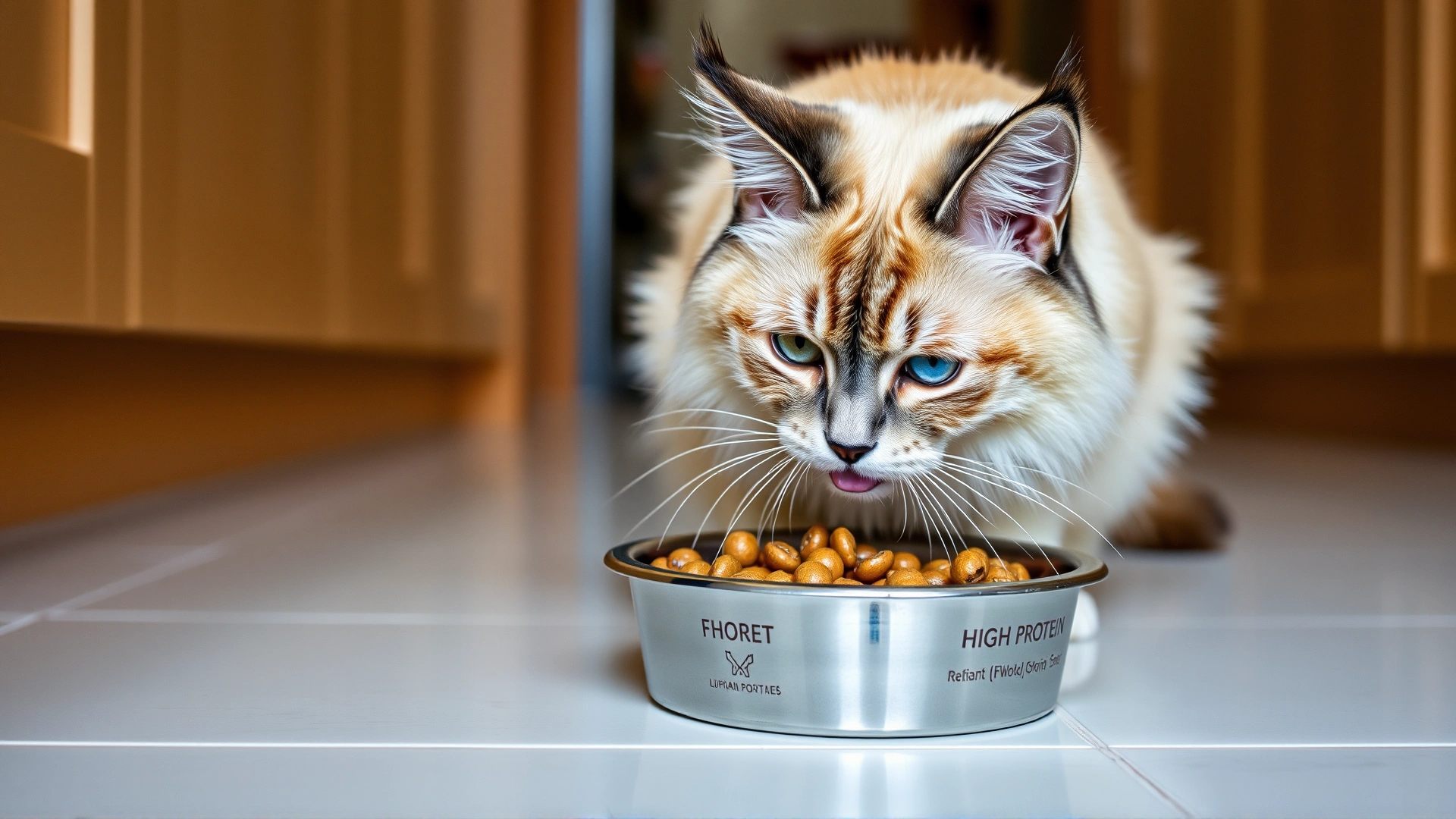 Balinese cat eating from a stainless steel bowl filled with high-protein kibble on a clean kitchen floor.