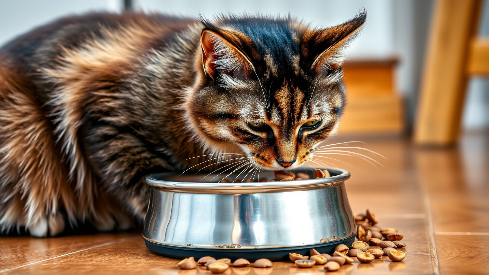 Bombay cat eating from a stainless steel bowl filled with high-quality dry cat food on a kitchen floor.