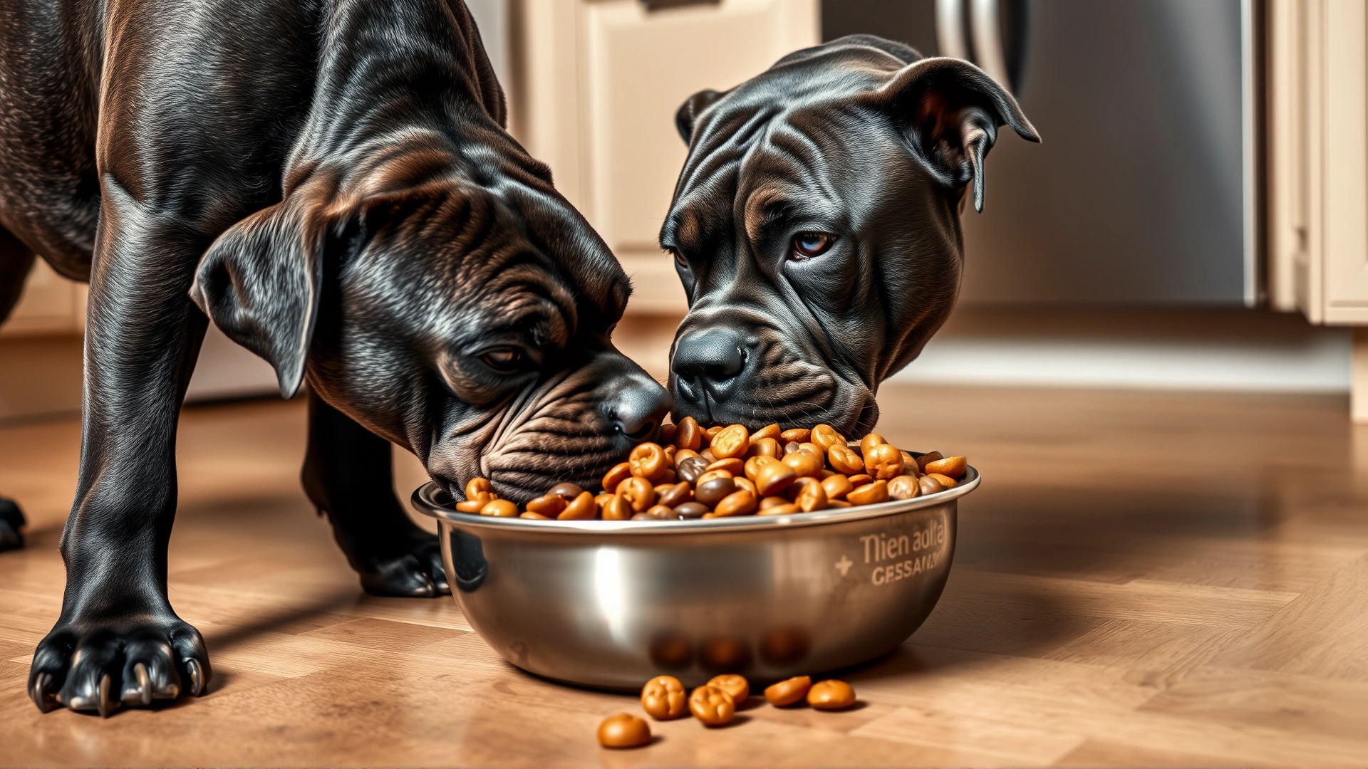A Cane Corso eating from a stainless steel bowl filled with large-breed kibble on a kitchen floor, focus on dog and bowl, no text.