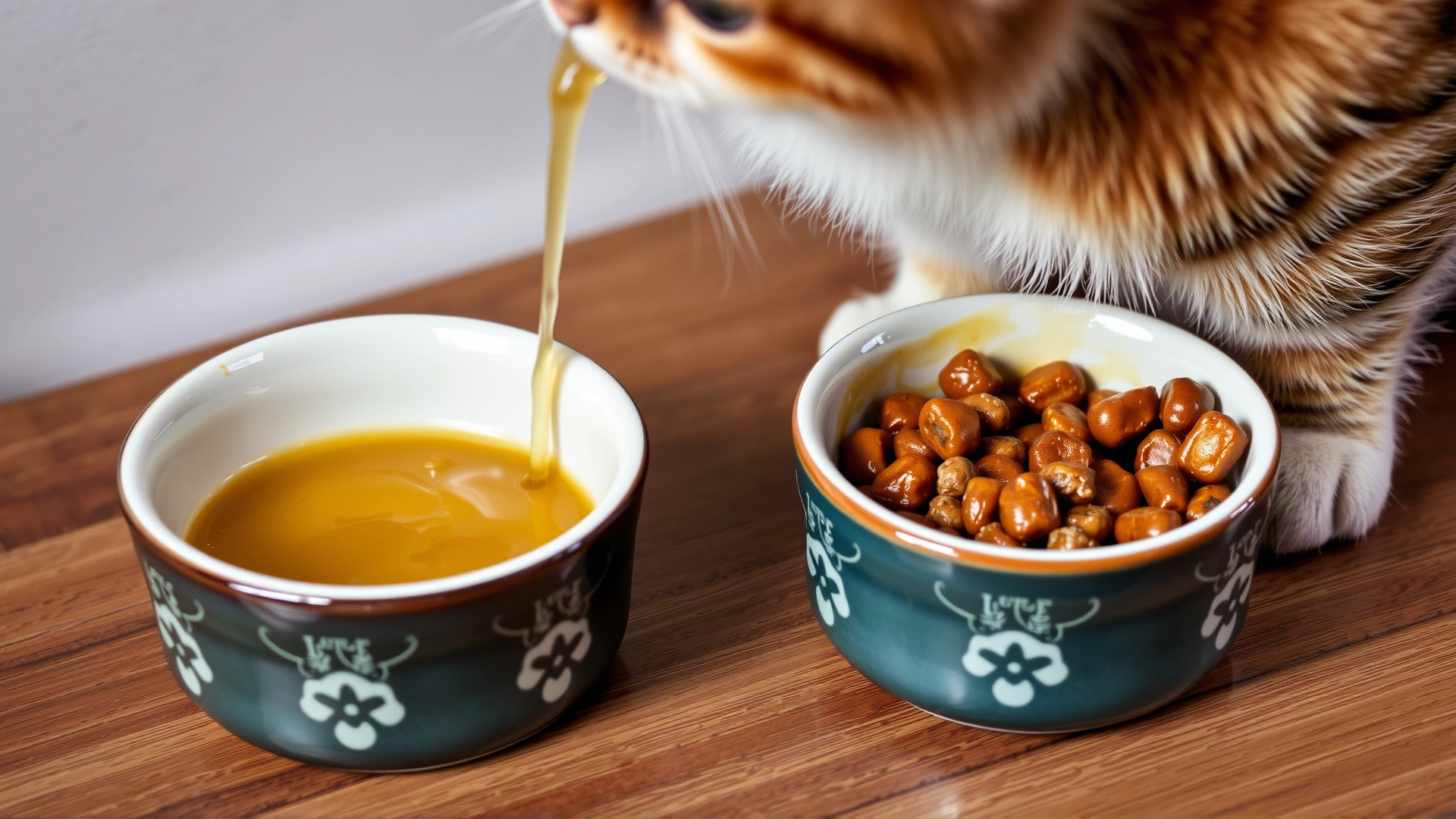 Close-up of two ceramic cat bowls being filled with healthy wet food while a cat waits patiently