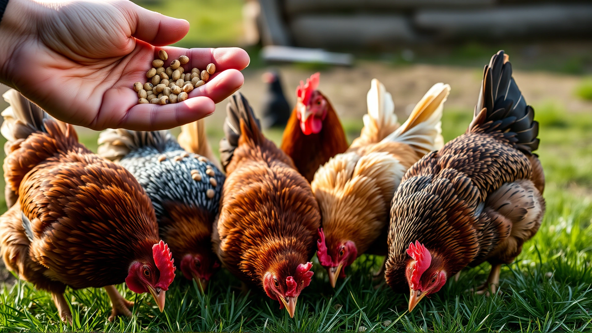 Hand scattering organic feed pellets to a group of colorful hens pecking on green grass.
