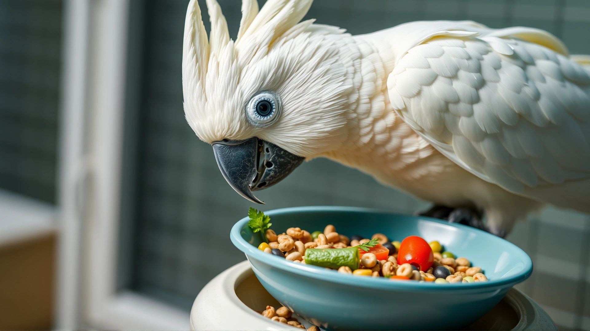 Close-up of a cockatoo enjoying a bowl of mixed pellets and fresh vegetables on a clean feeding station.