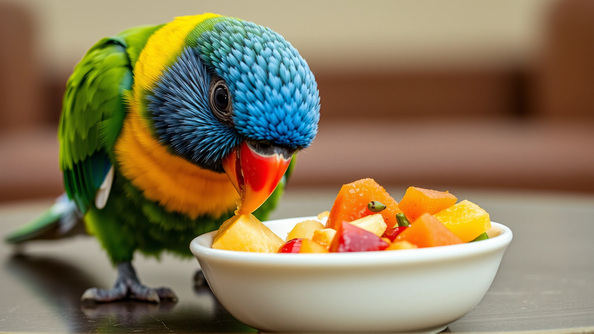 Close-up shot of a vibrant lovebird eating a mix of fresh fruits and vegetables from a small dish placed on a table.