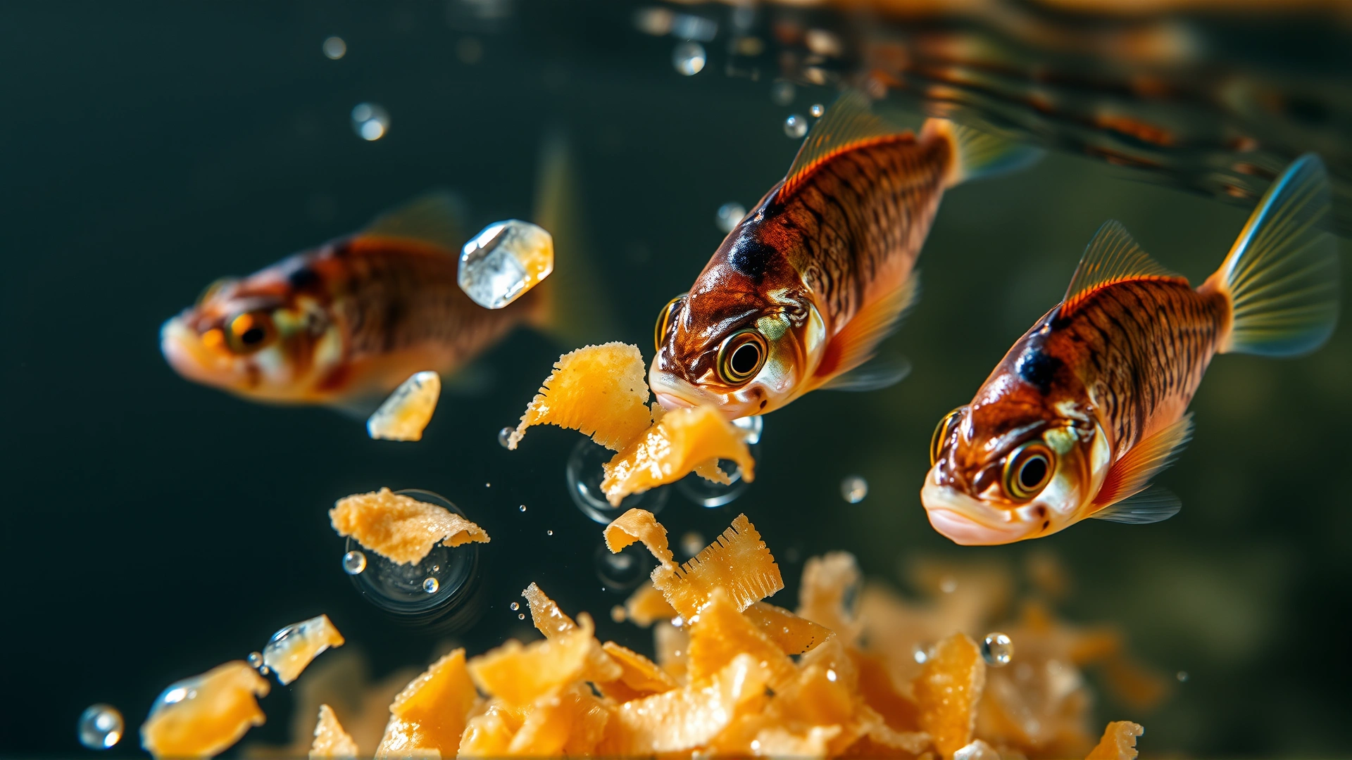 Macro shot of barb fish at the water surface eagerly snapping at floating fish flakes, creating subtle ripples and showing their feeding behavior.