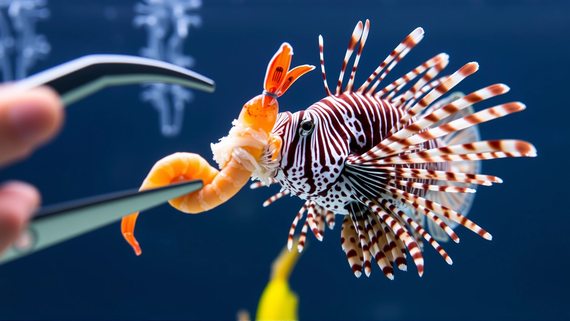 Action shot of a lionfish striking at a piece of shrimp offered by feeding tongs inside an aquarium