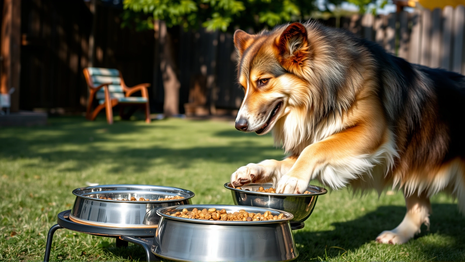 Large Caucasian Shepherd eating from elevated stainless-steel bowls in a shaded backyard, illustrating proper feeding for giant breeds.