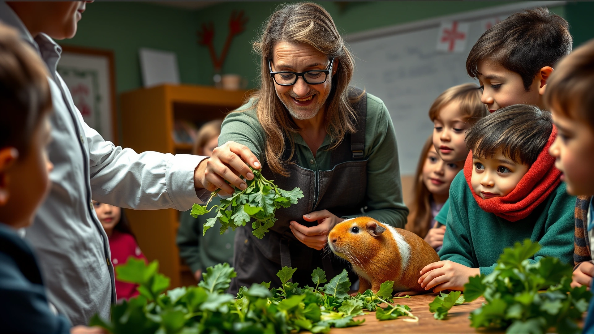 Teacher handing fresh leafy greens to a guinea pig while students watch attentively