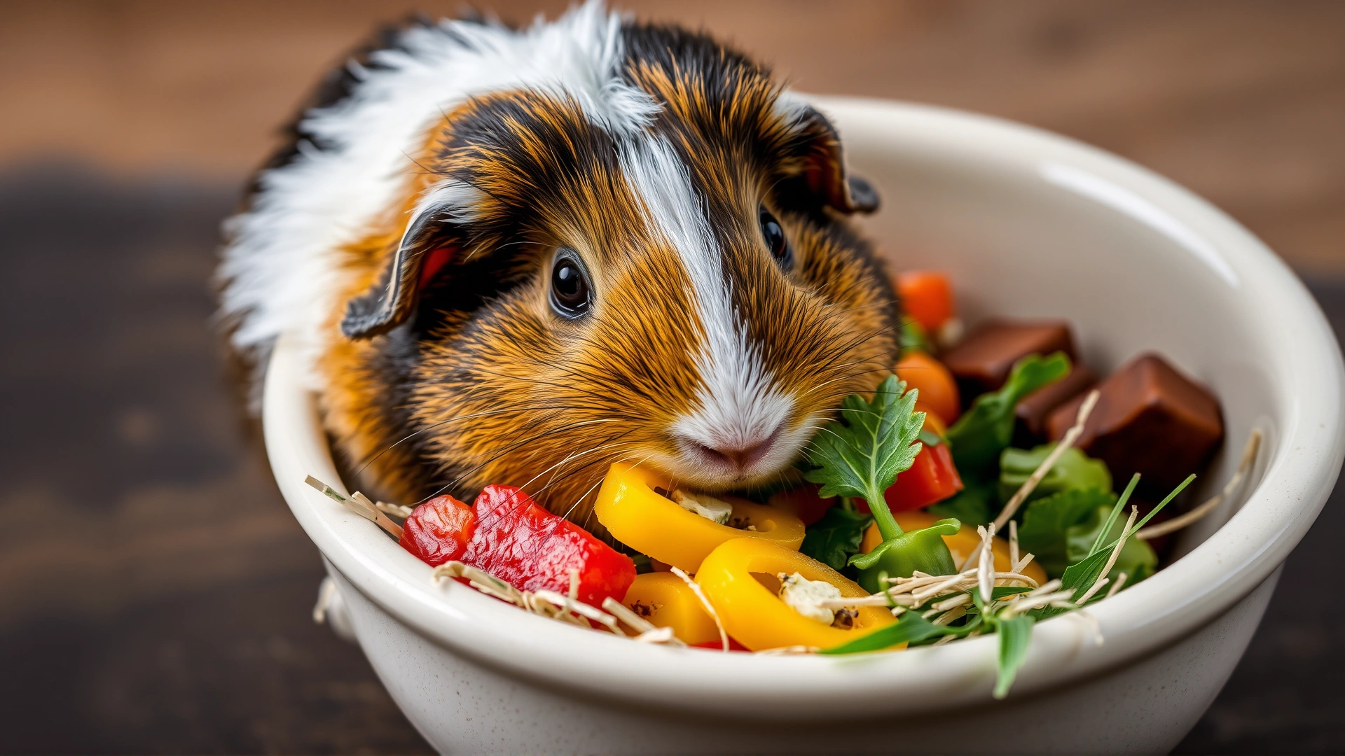 Macro photo of a guinea pig nibbling on a vibrant mix of bell pepper slices, leafy greens, and timothy hay inside a ceramic bowl.