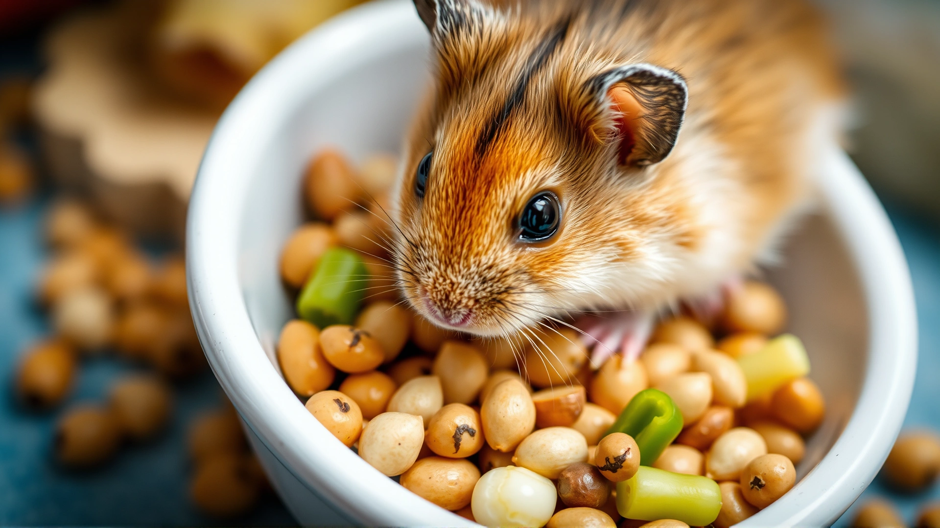 Close-up of a dwarf hamster eating from a ceramic bowl filled with assorted pellets and fresh vegetables, shallow depth of field