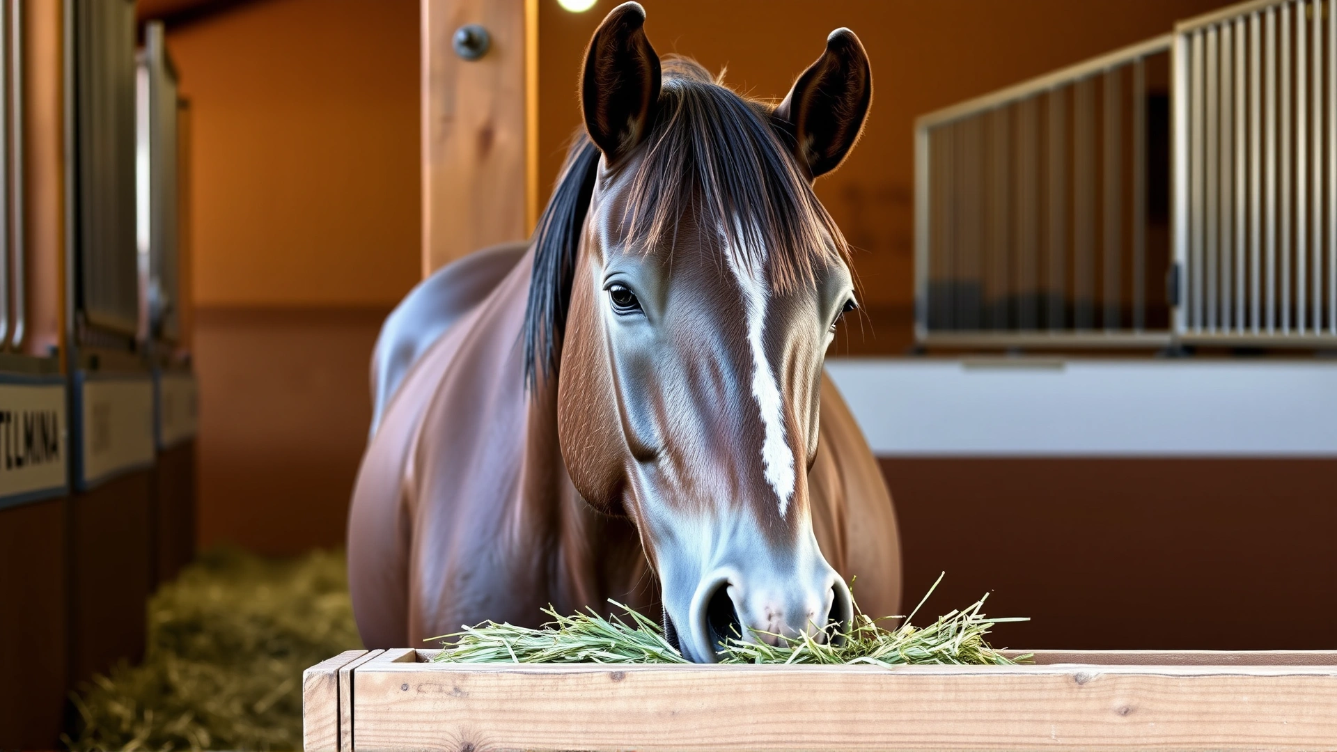Paso Fino horse eating fresh hay from a clean wooden feeder inside a well-lit stable