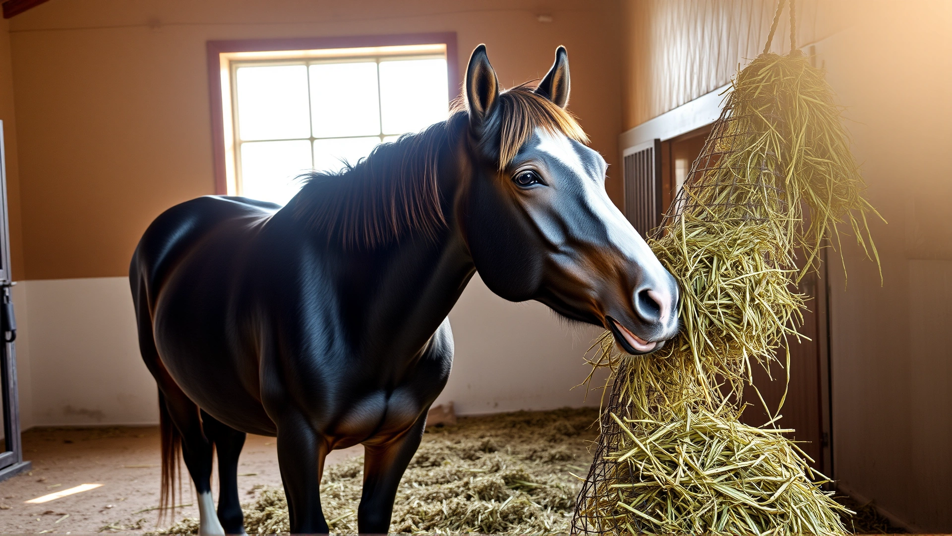 Holsteiner horse eating fresh hay from a large net inside a clean stable, daylight streaming through window