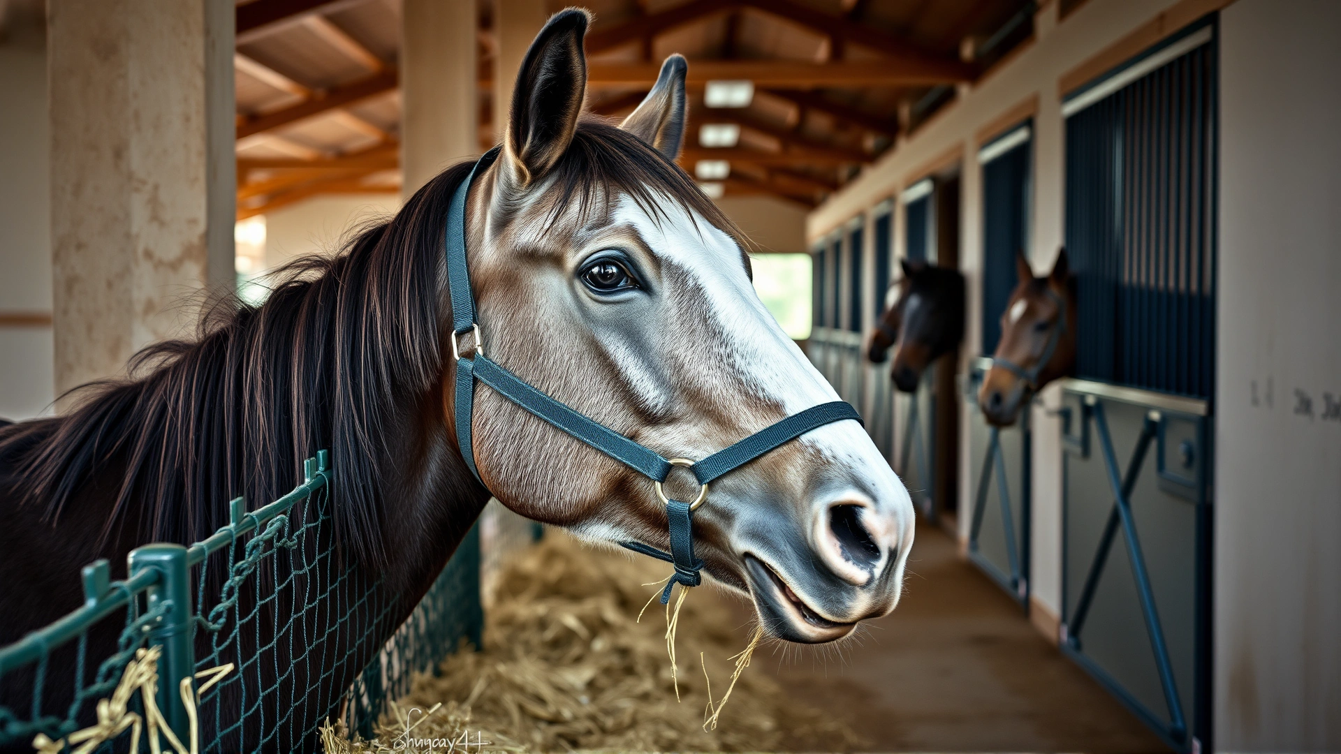 Close-up of German Riding Pony eating hay from a slow-feeder net inside a clean stable aisle